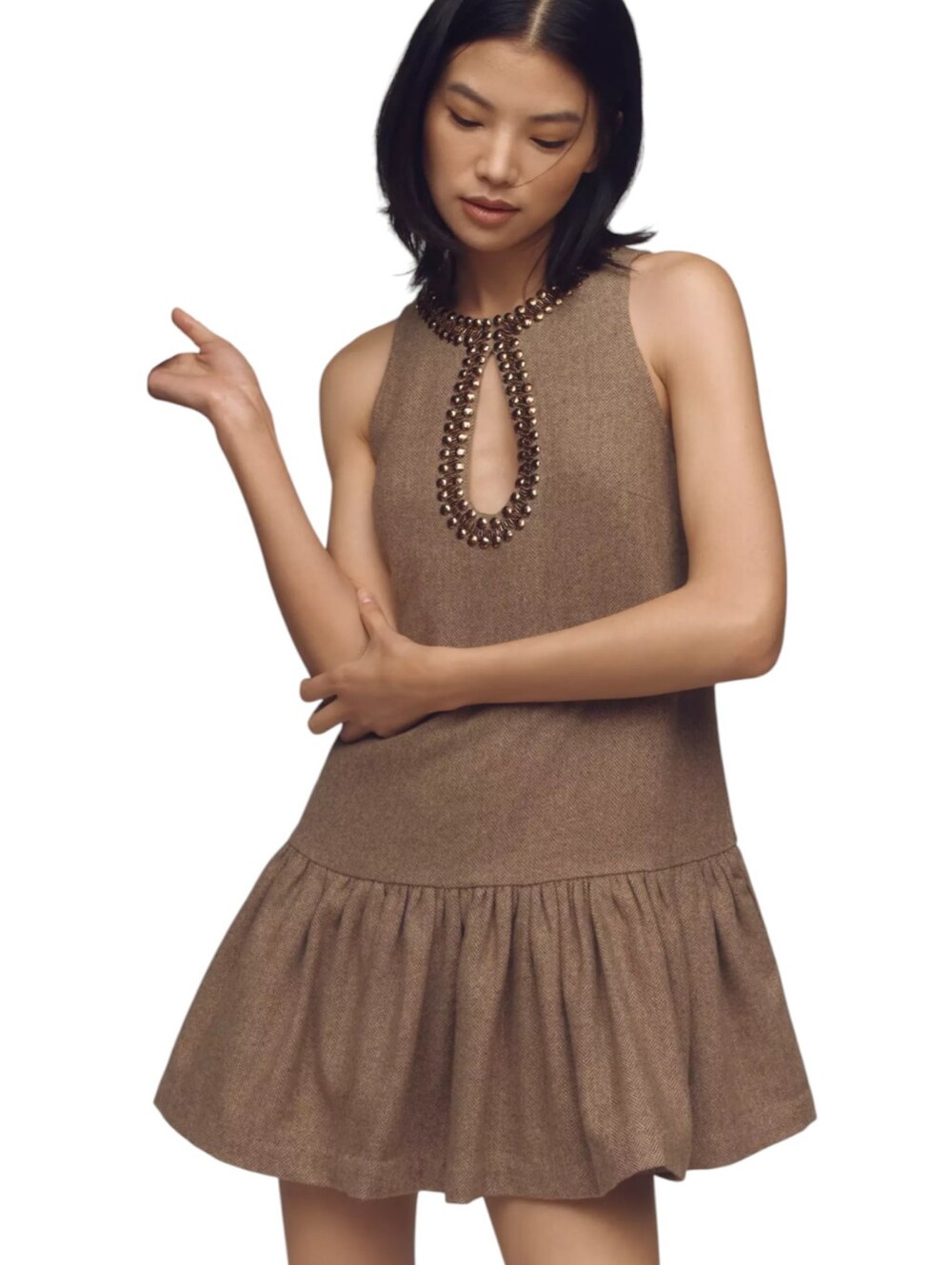 Anthropologie Brown Beaded Keyhole Sleeveless Mini Dress